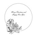 Candle holly christmas tree Happy New Year and Merry Christmas gift banner monochrome hand drawn ink sketch